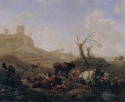 William Romeyn Cattle and sheep by a stream in a pasture,a town beyond oil painting